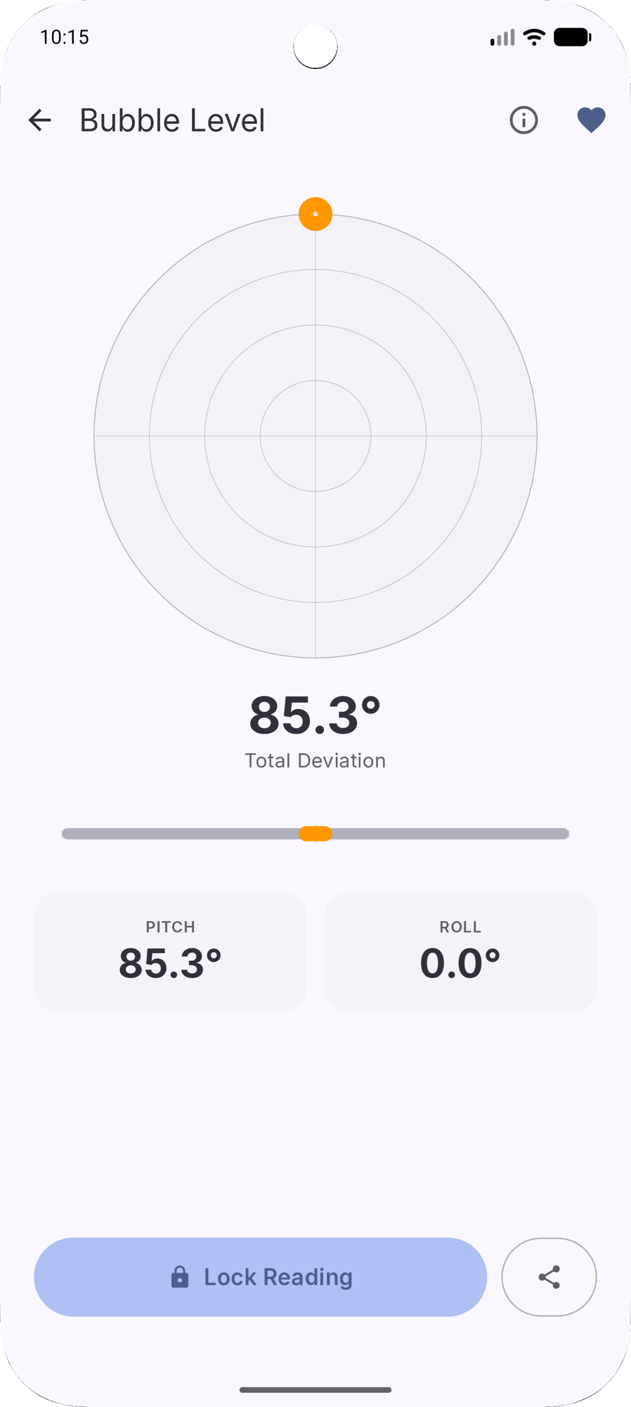 Bubble Level tool showing pitch and roll readings