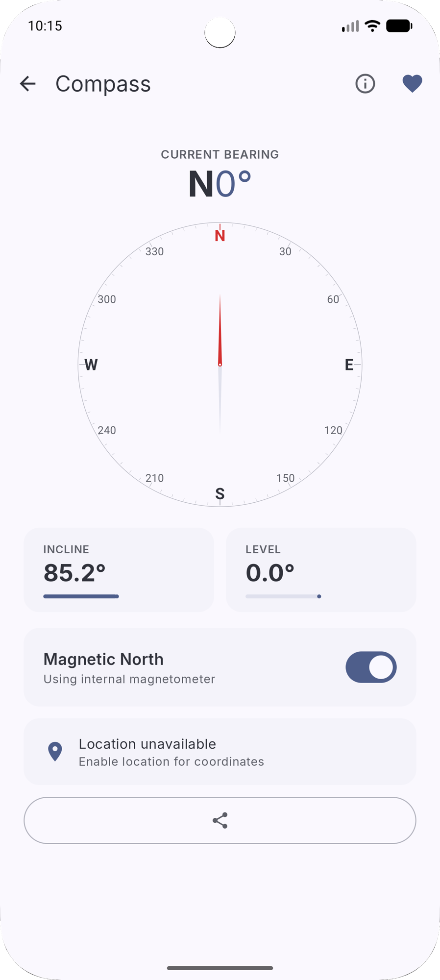 Compass tool showing bearing and incline