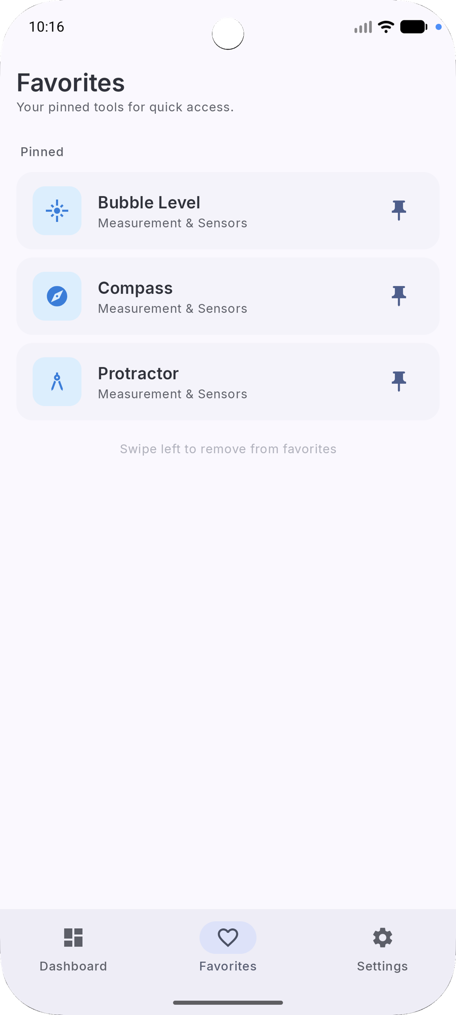 Favorites screen with pinned tools